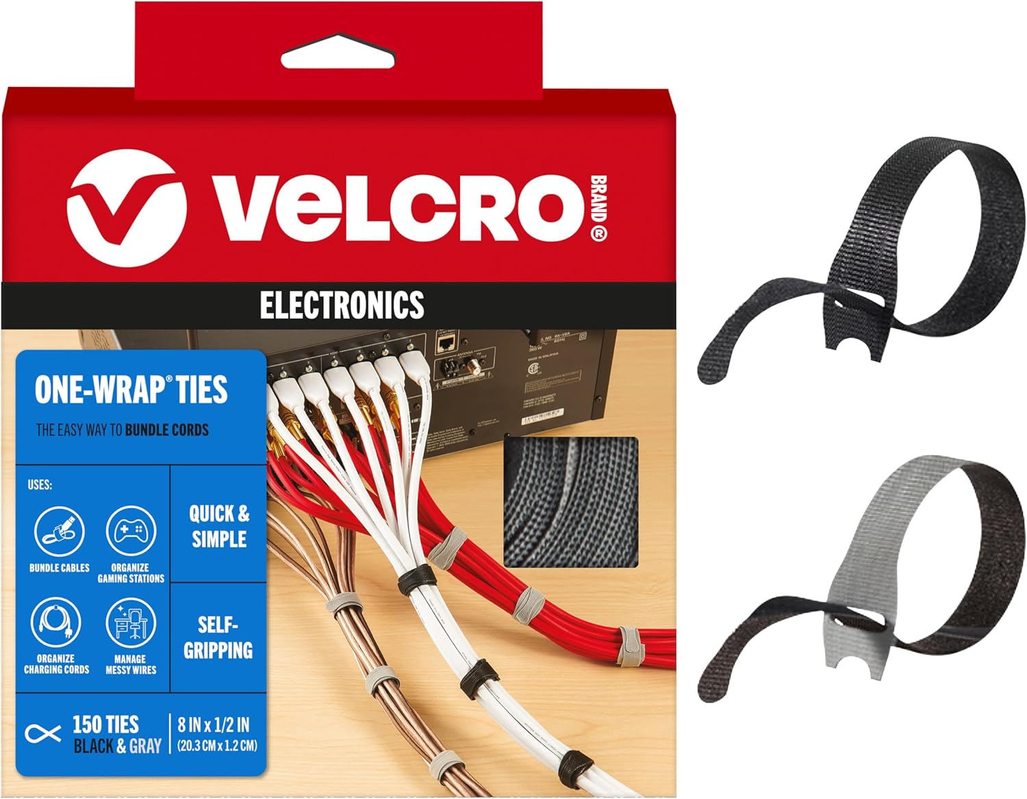 VELCRO Brand Reusable Cable Ties, Cord Management, 8in, Black, 150 Pack | Wire Management And Cord Organization Straps; Replace Single Use Zip Ties With Reusable Fasteners For Home And Office