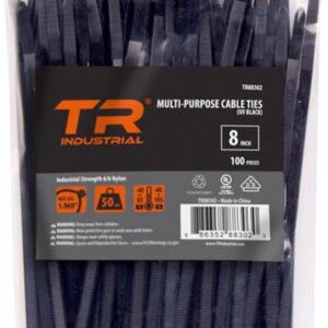 TR Industrial Multi-Purpose UV Resistant Black Cable Ties, 8 inches, 100 Pack