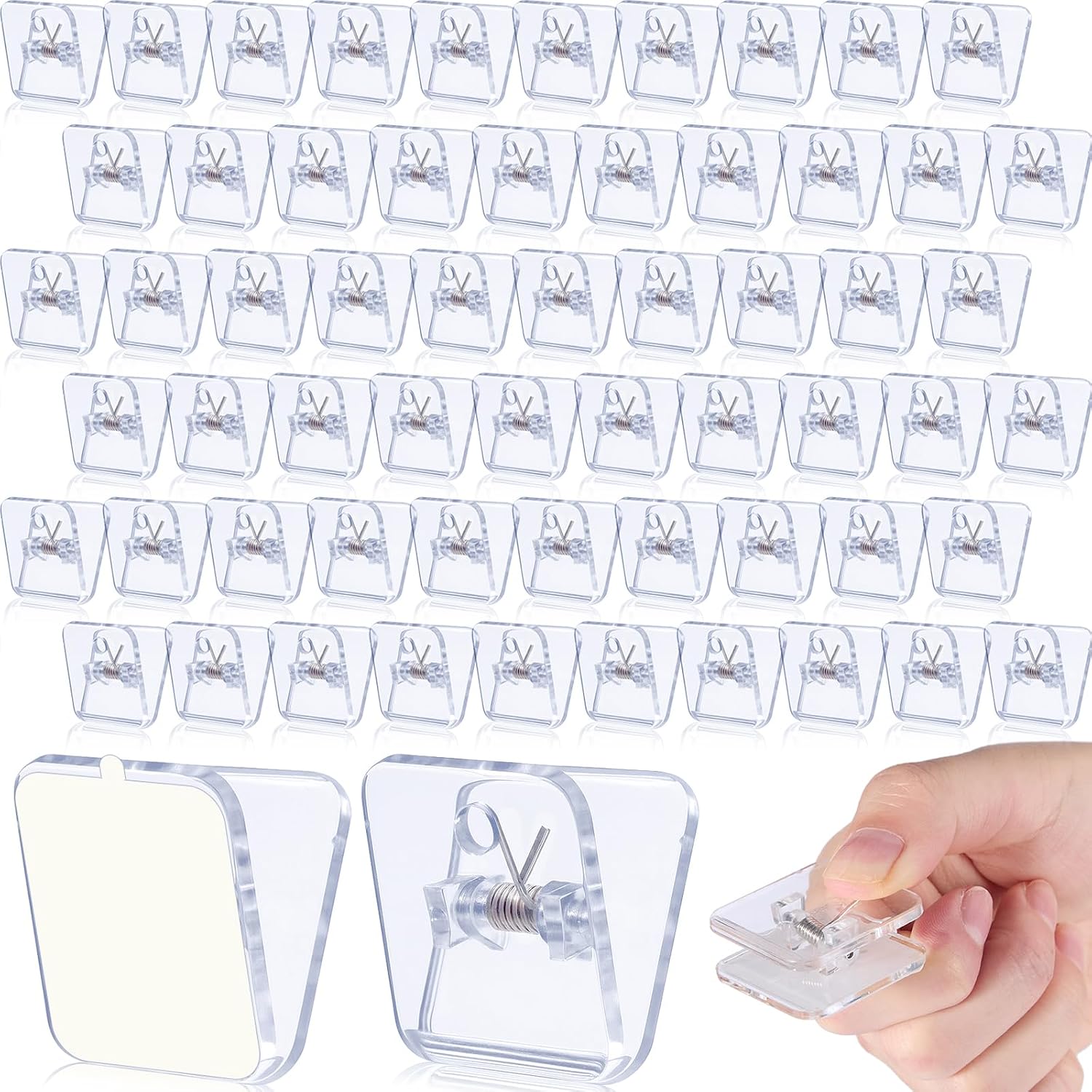 Engrowtic 60 Pcs Self Adhesive Hanging Sticky Clips Bulk,Transparent | Spring Clips, Photos Clips, Back to School Fot Teachers, Wall, Home, Office, Classroom, Poster, School